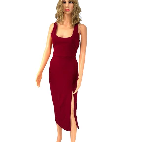 Lulus Burgundy Red Bodycon Midi Dress Square Neck, Open Back, Side Slit, Size S - Picture 1 of 8